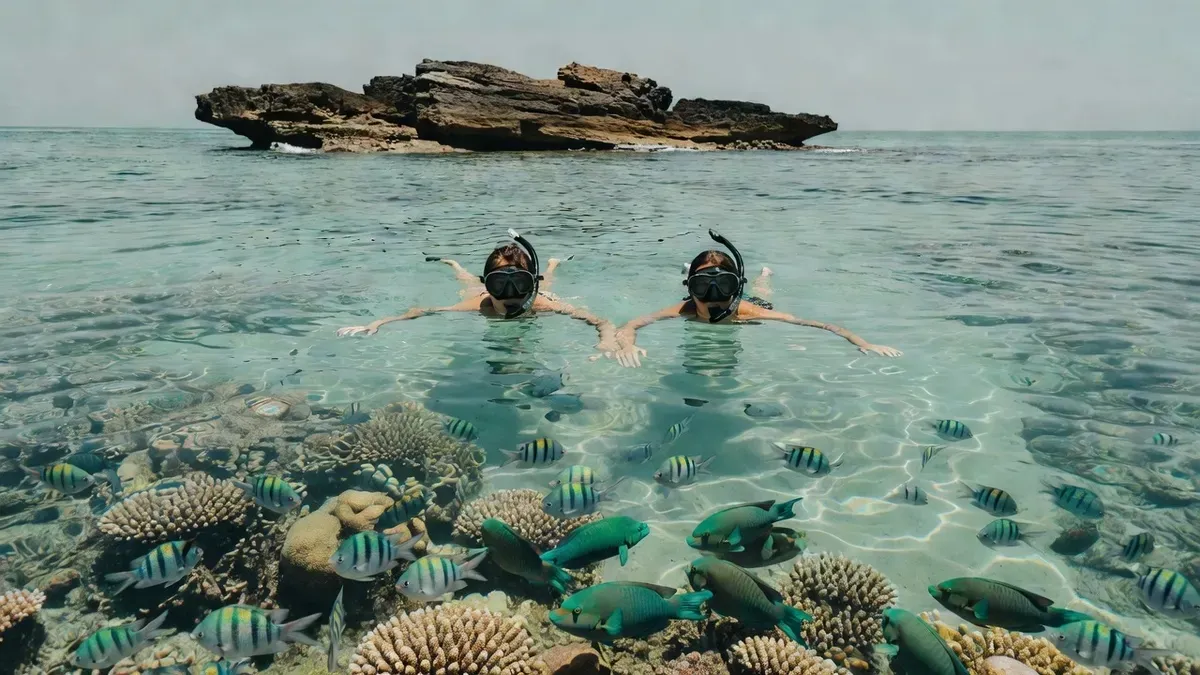 Snorkelers floating over the shallow reef at Creole Rock on a St Maarten snorkeling tour off Grand Case