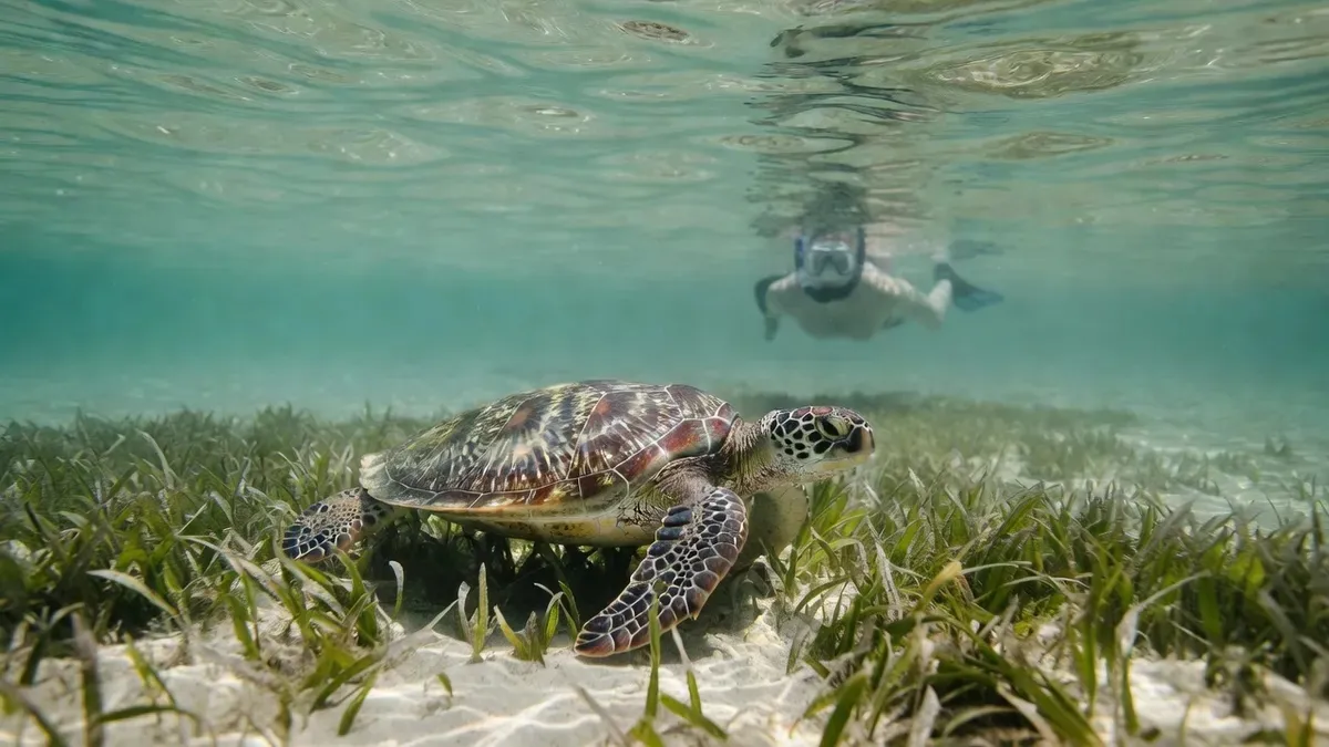 Green sea turtle gliding over seagrass on a St Maarten snorkeling tour at Tintamarre Island